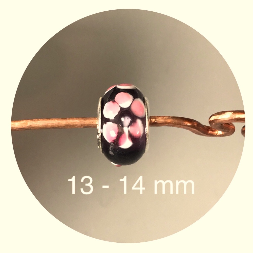 Oker Brand Bead pink flowers and black background 13 -14 mm 925 Euro Style